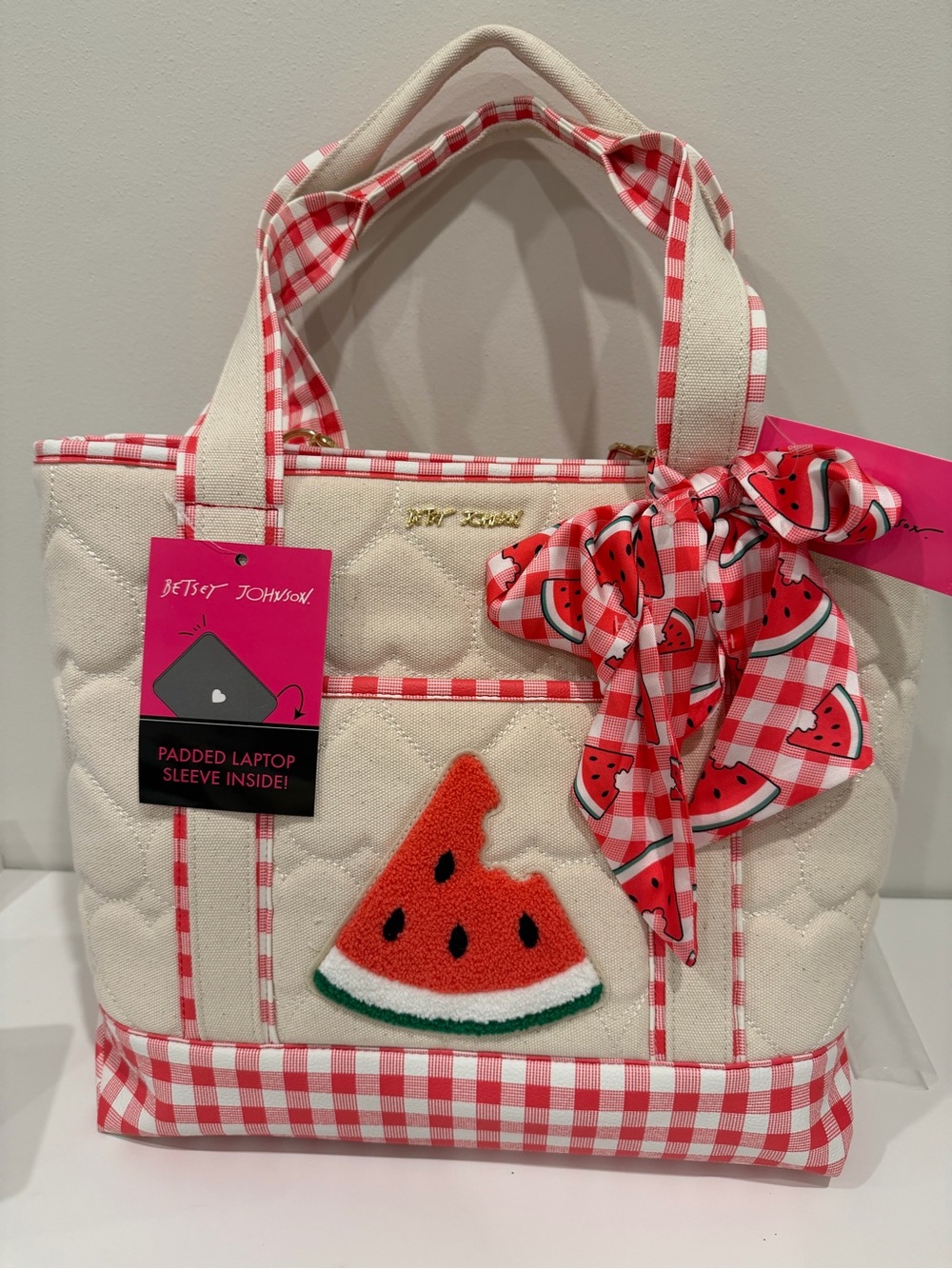Betsey Johnson Cream & Red Gingham Watermelon Quilted Tote with Scarf Bow